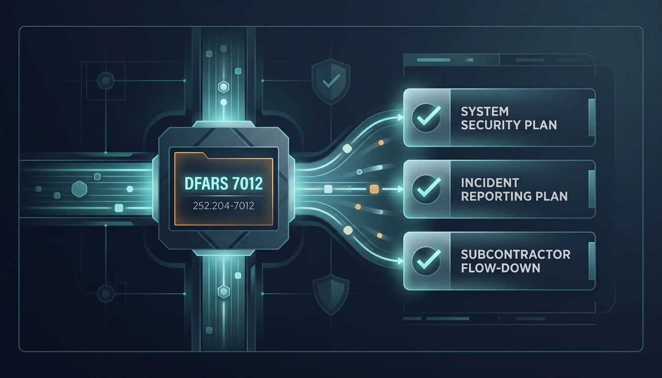 Abstract illustration of governed compliance pathways for DFARS 252.204-7012 and CMMC Proposal Compliance.