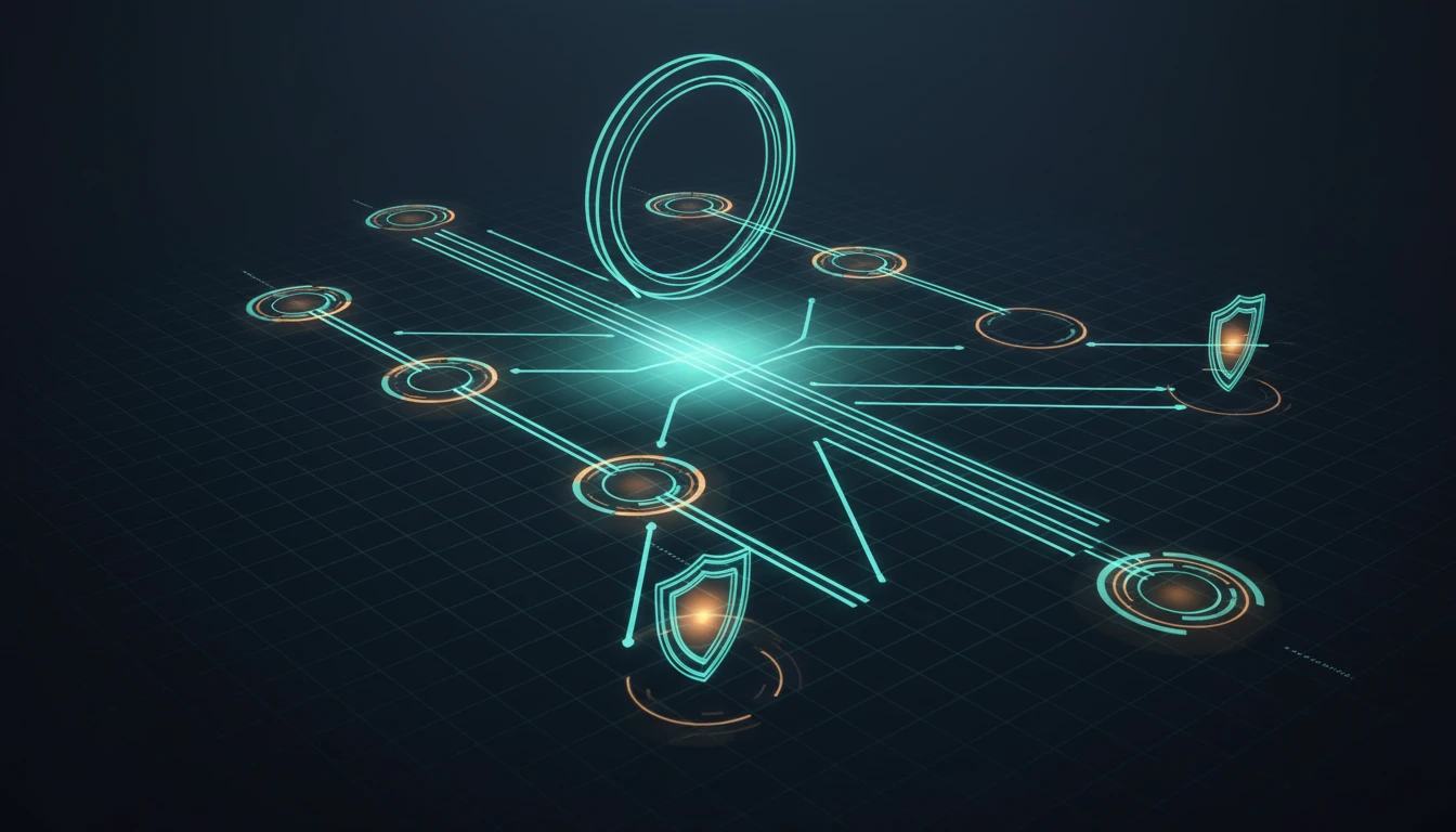 Abstract illustration of governed compliance pathways with verification shields and a search signal.