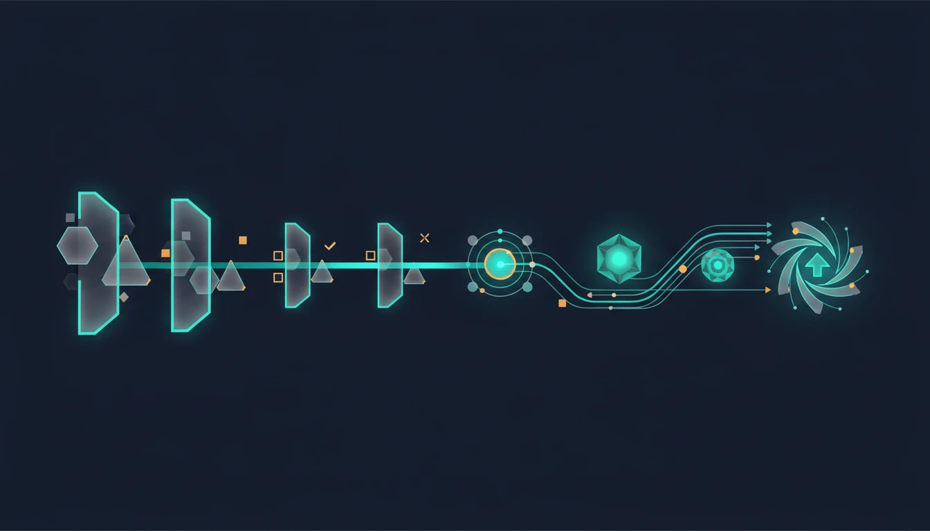 Abstract illustration of a grant workflow moving through eligibility gates into a shared drafting core.