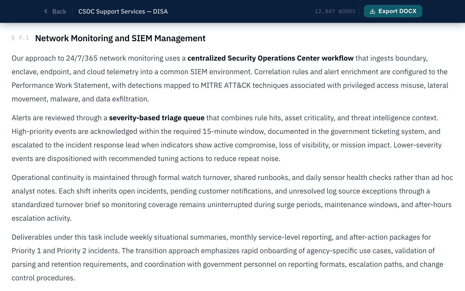 Government RFP proposal draft for DISA CSOC Support Services showing Network Monitoring section with procurement-native language, NIST references, and compliance controls